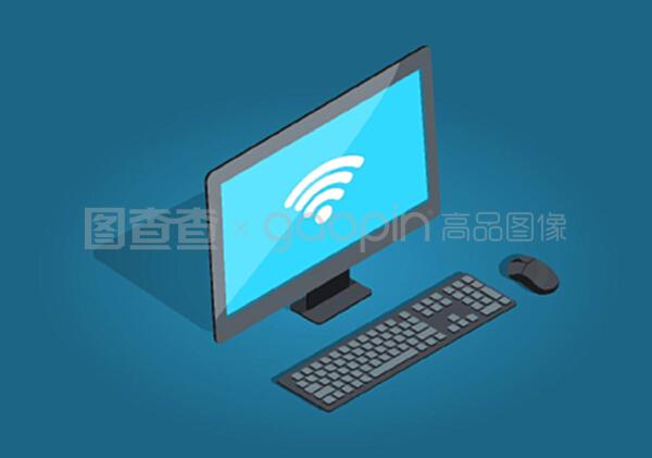 蓝色背景的卡通式无线连接电脑配件。带白色标志Wi-Fi、黑色键盘和黑色无线鼠标平板和阴影设计矢量插图的显示器。无线连接电脑配件卡通